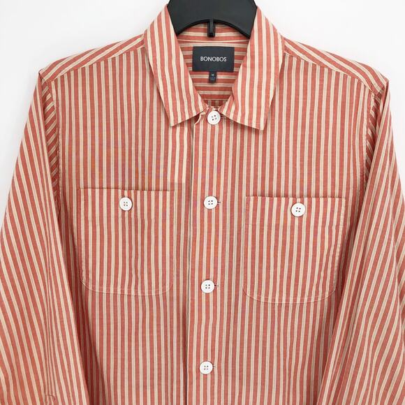 Bonobos Mens Button Up Shirt Medium Orange Striped Pockets Long Sleeve - Picture 2 of 8
